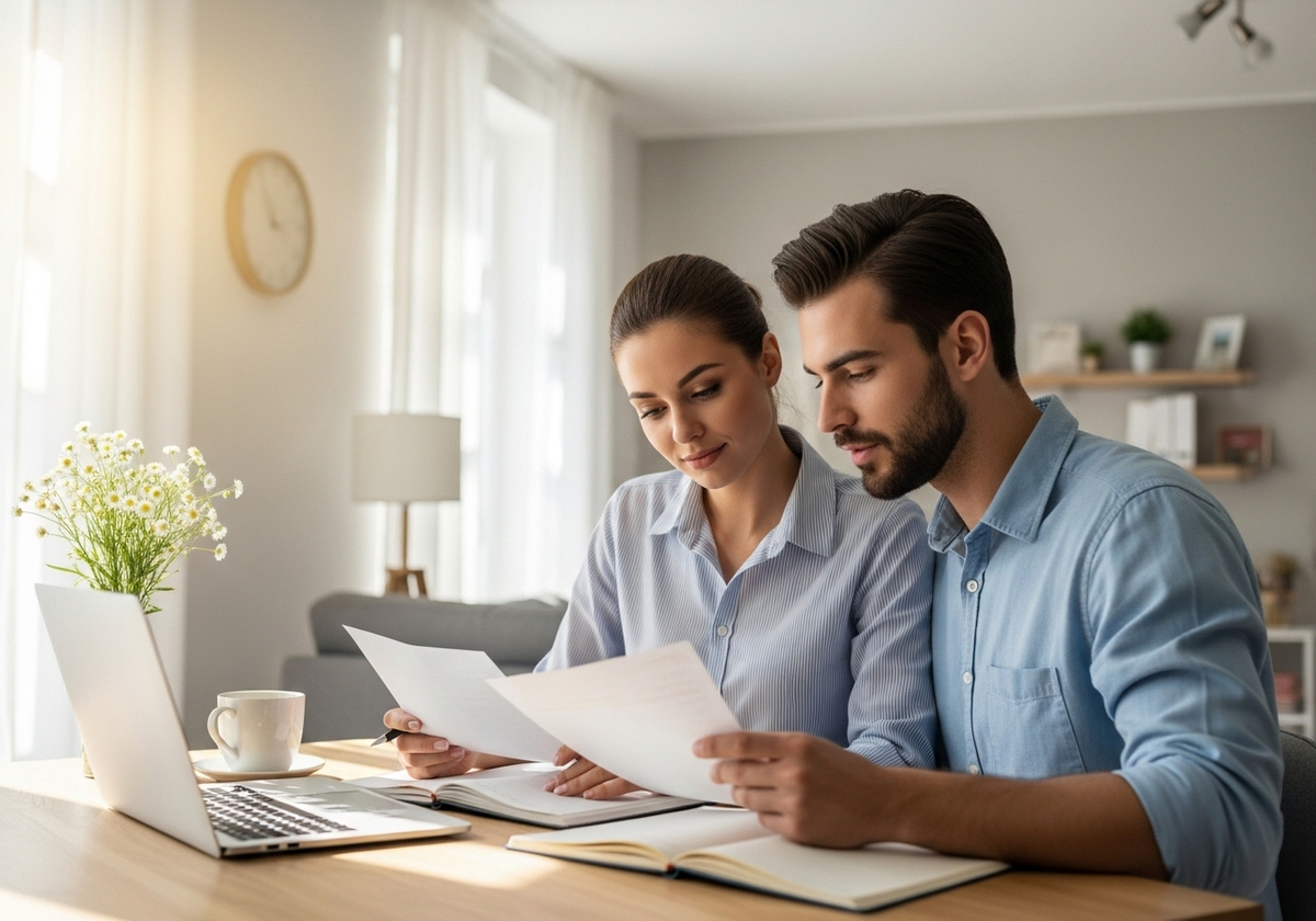 Couple reviewing paperwork at home