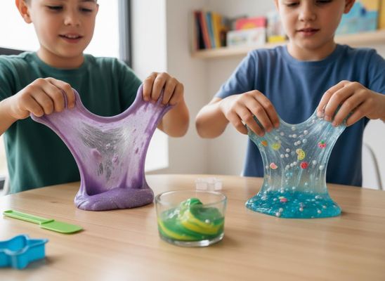 Two boys stretch vibrant, glittery purple slime and blue slime with colorful fruit fimo slices and beads, enjoying a creative playtime activity at home. Boys Playing with Colorful Slime