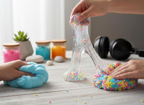 Close-up of hands manipulating blue, clear, and foam-bead slimes on a wooden table with jars and headphones in the background. Children's hands playing with colorful slime