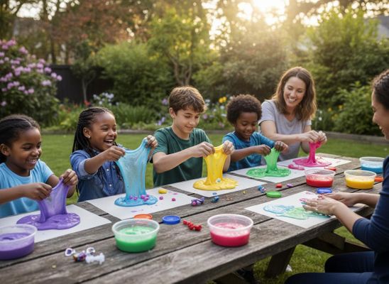 A diverse group of happy children and two smiling women play with colorful slime at a wooden picnic table outdoors on a sunny day. Happy Children and Adults Playing with Slime Outdoors