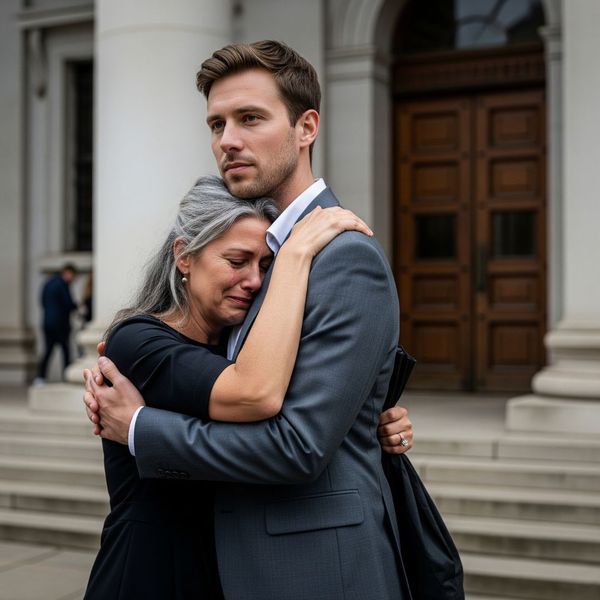people hugging outside courthouse