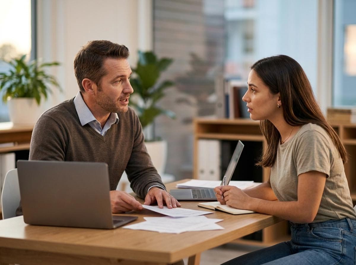 Two professionals having a discussion at an office desk