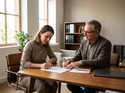 Client signing agreement with advisor in an office