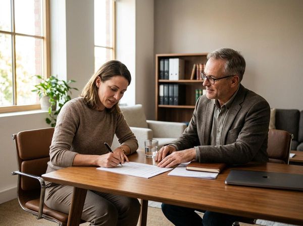 A woman signs a document at a wooden table while a man in glasses watches. They are in an office with a window and bookshelf. Client signing agreement with advisor in an office