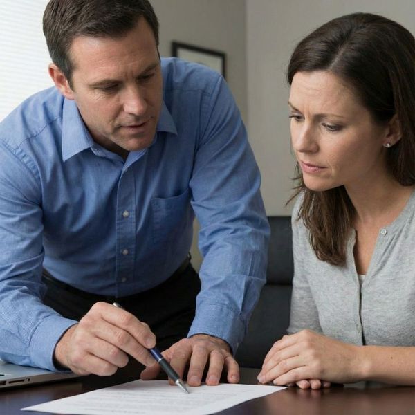 A male agent in a button-down shirt points out specific clauses on a document to a female client during a serious discussion about her case.