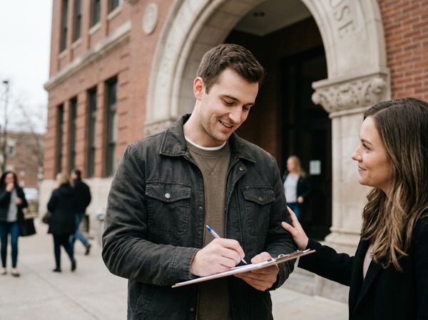 A smiling man signs a document on a clipboard held by a woman, outdoors in front of a brick building. Man Signing Document on Clipboard with Woman