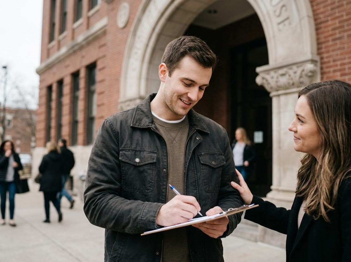 Man Signing Document on Clipboard with Woman