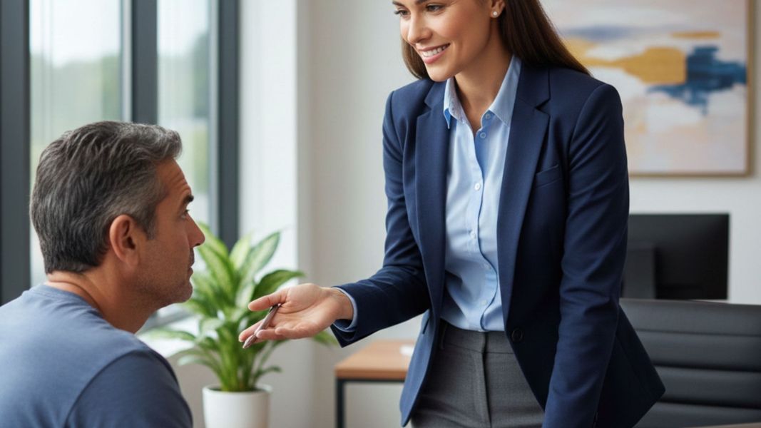 Close-up of a bail bond agent offering comforting, compassionate support to a client during a difficult time. Close-up of a bail bond agent offering comforting, compassionate support to a client during a difficult time.