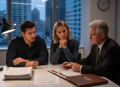 A man and woman listen intently to a lawyer explaining bond documents at an office table, with 'Signature Bond' and 'Surety Bond' visible. Legal meeting about bail bonds