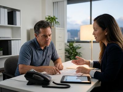 A man points at a document while a woman gestures, explaining during a business meeting in an office with a city view. Man and woman discussing documents in a modern office