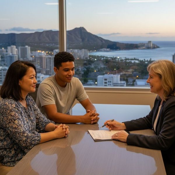 A professional consultant meets with a mother and son in a high-rise office overlooking the Honolulu skyline and Diamond Head.