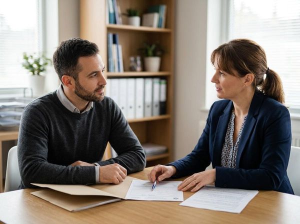 A man and a woman are seated at a wooden desk, discussing paperwork. The woman points to a document with a pen, engaged in conversation. Two professionals discuss documents during a consultation