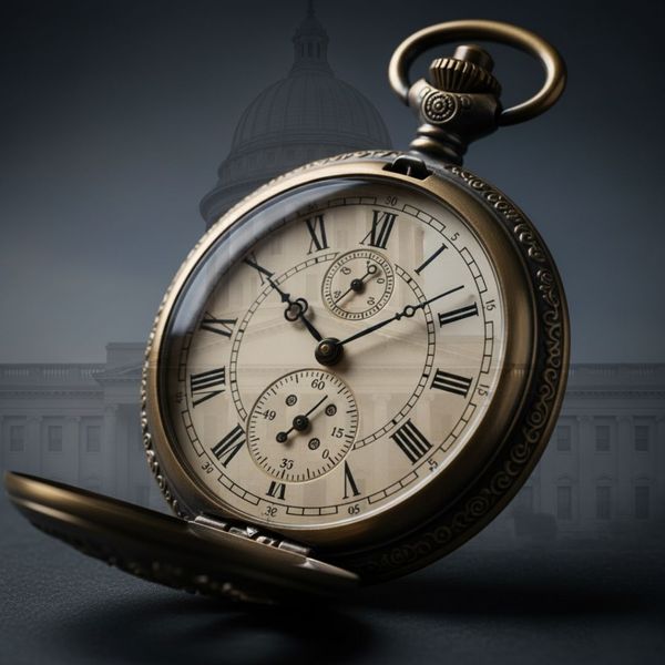 Close-up of a clock face and a courthouse silhouette, symbolizing a time-sensitive court performance guarantee.