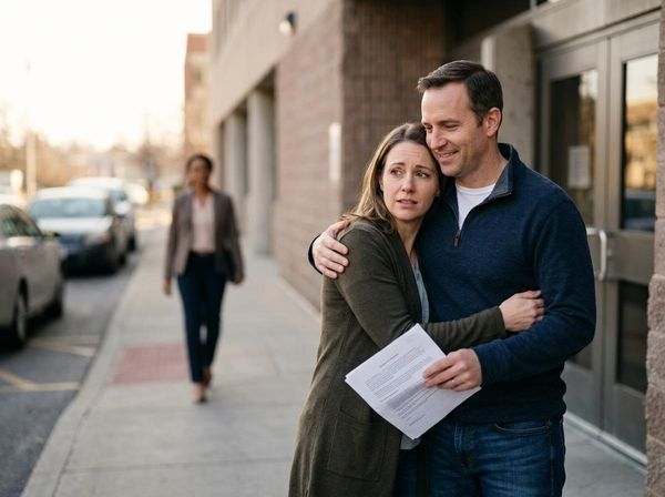 A man embraces a worried woman holding documents outside a building, with a person walking in the background. Man comforting distressed woman holding documents