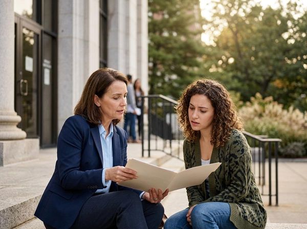A woman in a suit consults with a younger woman with curly hair, reviewing documents in a folder on the steps of a formal building. Professional Woman Consulting Client Outdoors