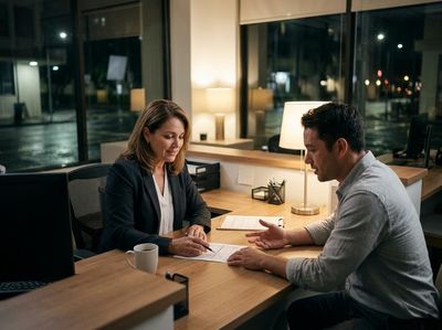 Professional woman and man discussing documents in an office at night