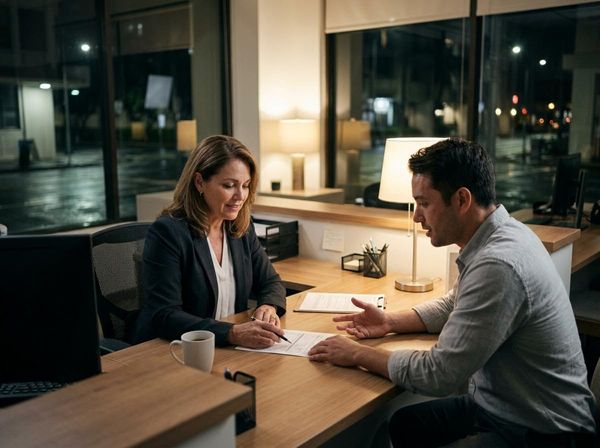 A professional woman in a suit helps a man review paperwork at a desk in a modern office, with city lights visible through the window. Professional woman and man discussing documents in an office at night
