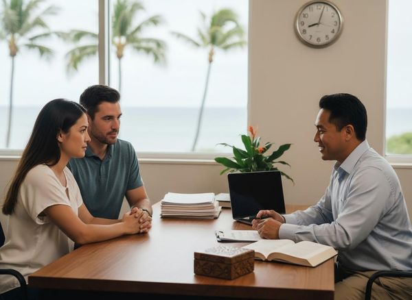 Couple Consulting with Advisor in Oceanfront Office