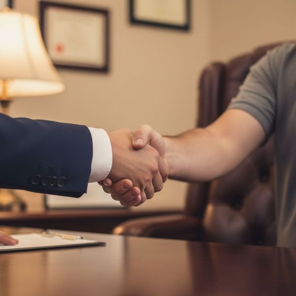 Professional and client hands shaking over a desk, signifying trust and integrity in the bail bonds process.