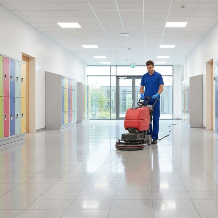 A cleaning professional operates a floor scrubbing machine on a wide tile floor in a modern school building.