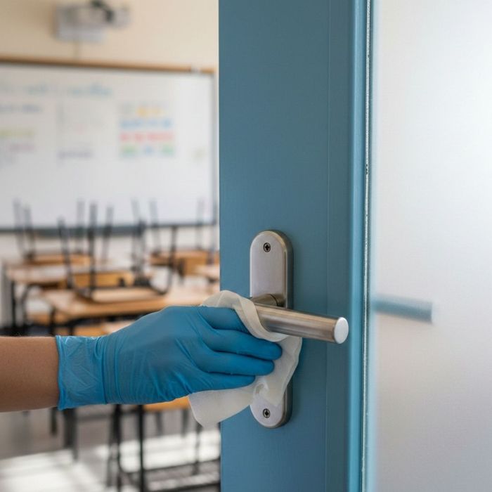 A person wearing protective blue gloves carefully wipes down a classroom door handle with a disinfectant cloth.