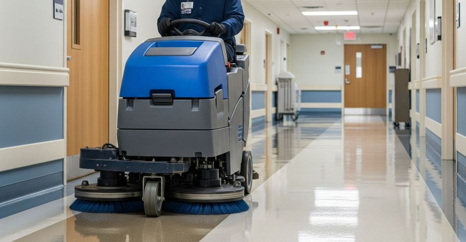 Using a machine to power wash medical floors