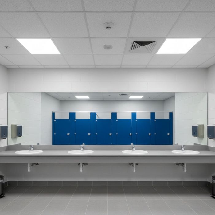 A spotless and well-maintained school restroom featuring clean white sinks and bright lighting.