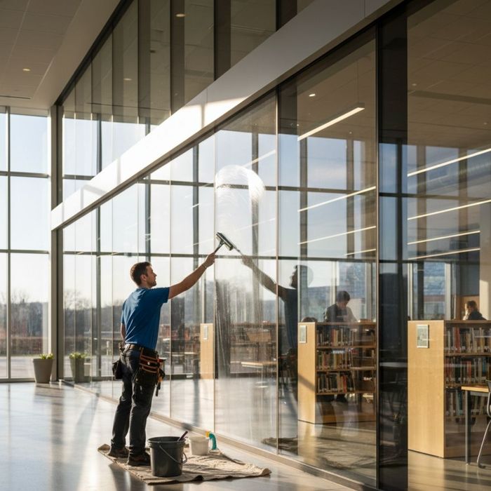 A worker uses a squeegee to clean large glass windows in a sunny school library setting.