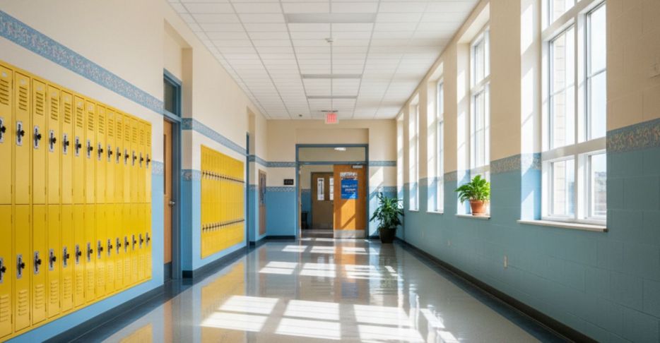 A bright and clean elementary school hallway with shiny floors and yellow lockers under natural light. A bright and clean elementary school hallway with shiny floors and yellow lockers under natural light.