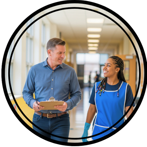 Building manager walking alongside a janitor