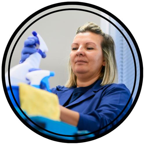 professional cleaner with cleaning supplies