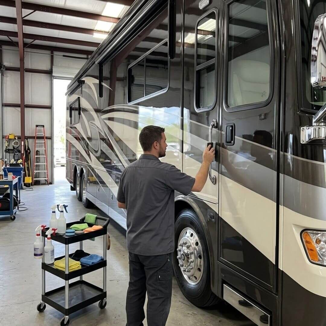 A technician in a plain gray shirt applying paint sealant to the side of a large luxury RV, which is parked inside a professional detailing workshop alongside a utility cart holding unbranded bottles and microfiber cloths.