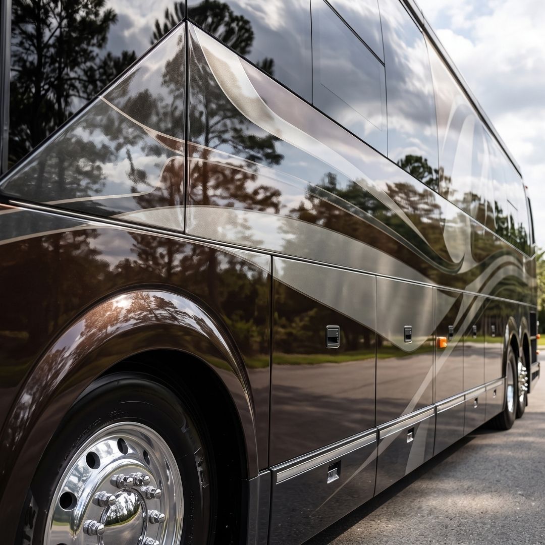 A close-up view of the side of a massive, dark brown and silver luxury motor coach with a mirror-like finish, reflecting its surroundings perfectly without any logos