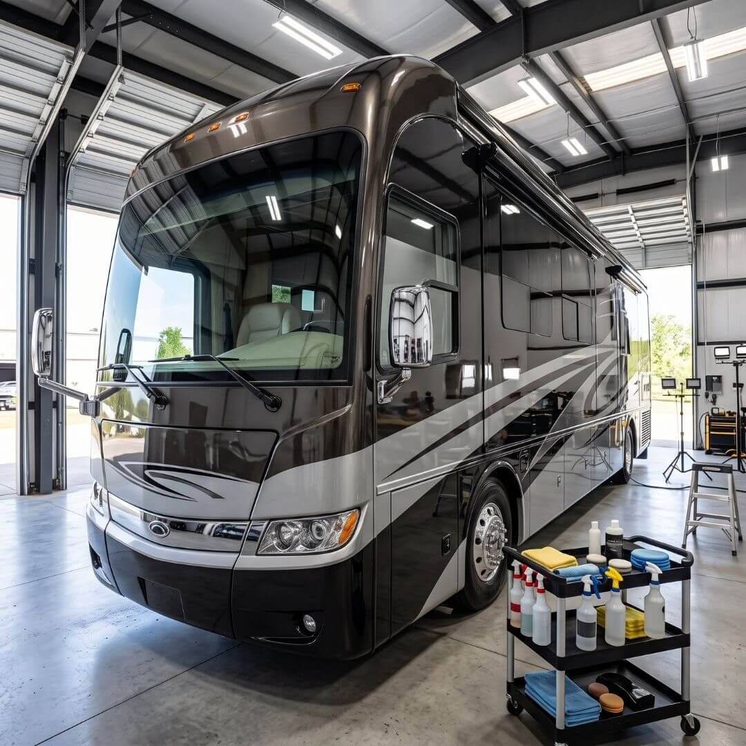 high-end luxury motor coach inside the professional detailing facility, highlighting the pristine, glassy paint finish.