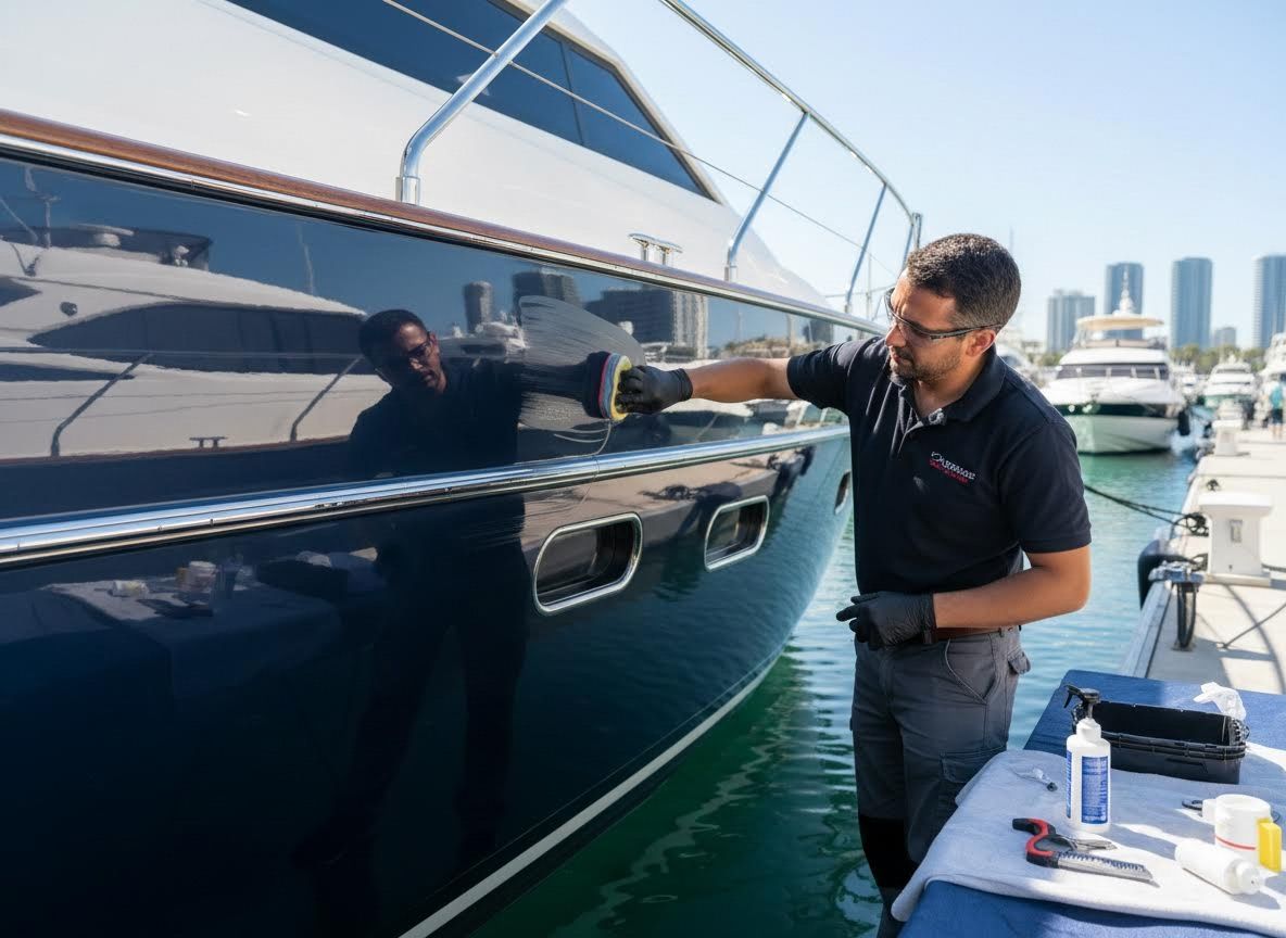 Man Polishing Blue Yacht Hull at Marina