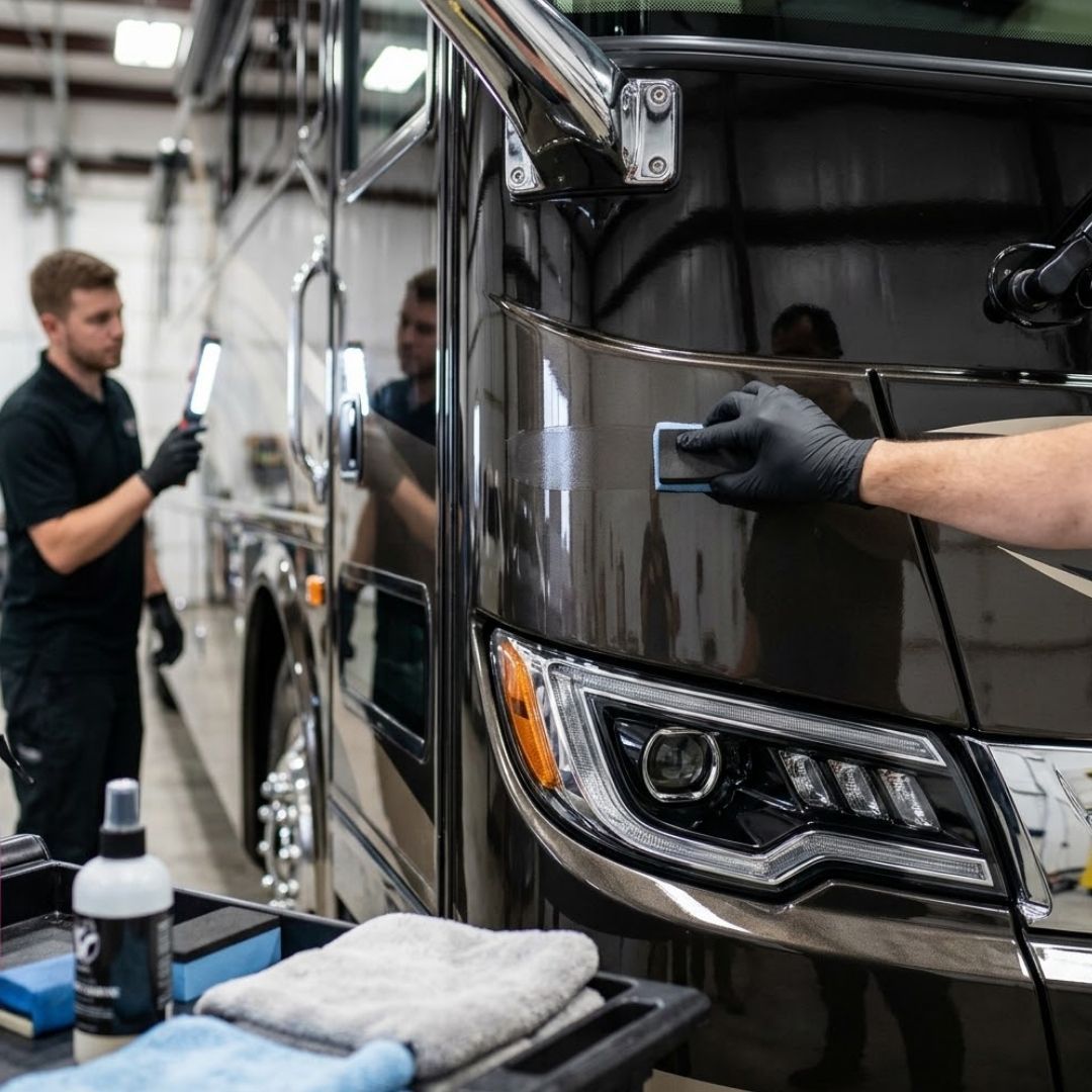 A luxurious Class A motor coach with a dark, reflective paint finish being treated with a ceramic coating by technicians