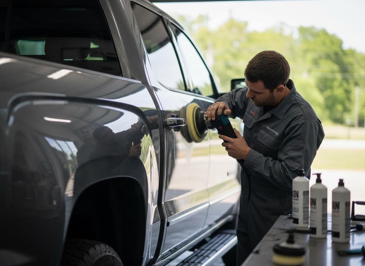 Professional detailing a gray pickup truck