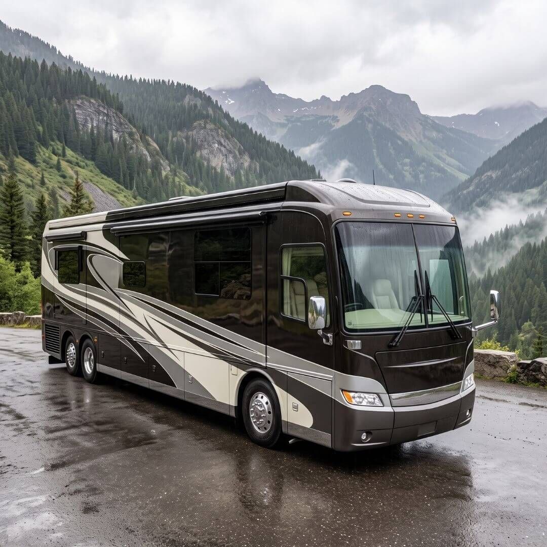 a massive, luxury Class A motor coach parked in a rugged, natural outdoor environment