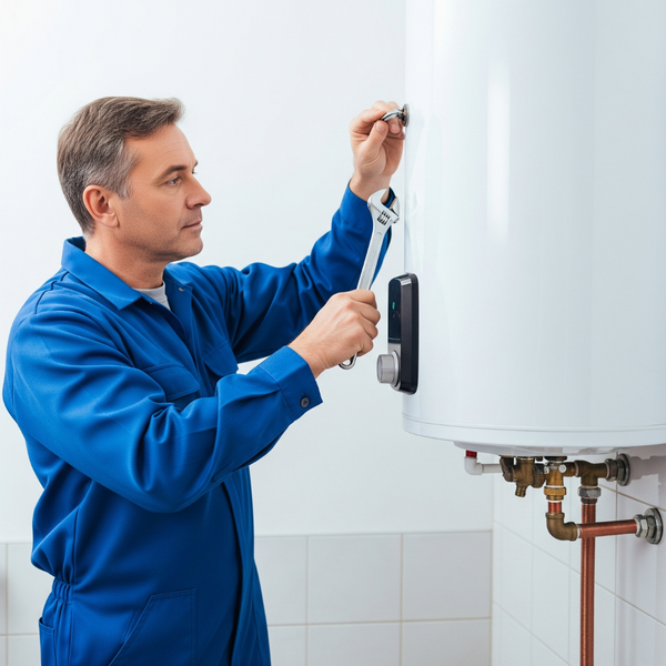 Plumber working on a water heater installation, illustrating water heater repair and installation services in Anaheim.