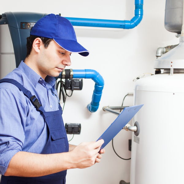 man inspecting water heater