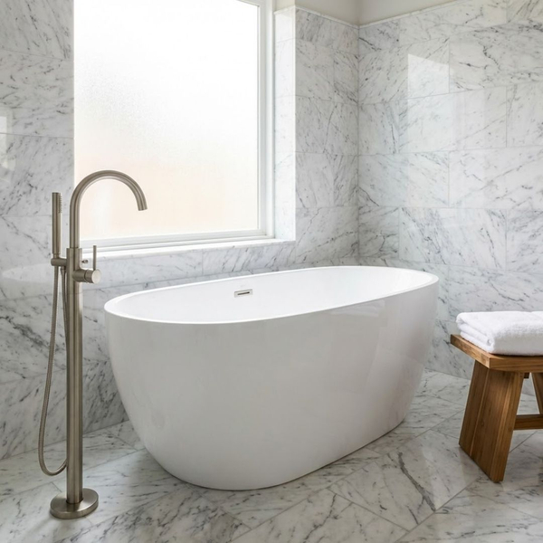 A freestanding soaking tub and modern floor-mounted faucet in a luxurious marble bathroom