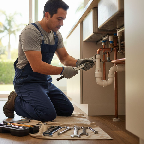plumber working under sink