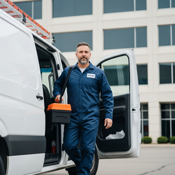 Professional plumber stepping out of a white work van, ready for a commercial plumbing job.