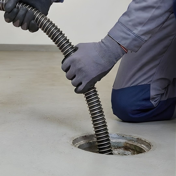 A professional plumber kneeling on a paved surface, feeding a heavy-duty drain cleaning cable into an open sewer access point during a commercial service call