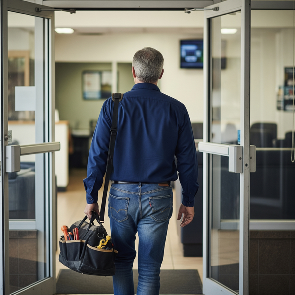 A commercial plumber, viewed from behind, carrying a tool bag as he walks through the glass entrance doors of a business.