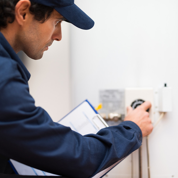 plumber adjusting a water heater