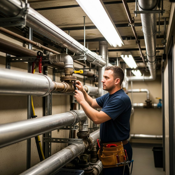 A plumber inspects a complex network of pipes in a commercial building's utility room