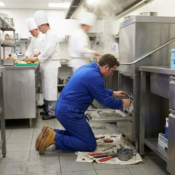 A plumber in a blue uniform works on a commercial dishwasher in a busy country club kitchen with chefs
