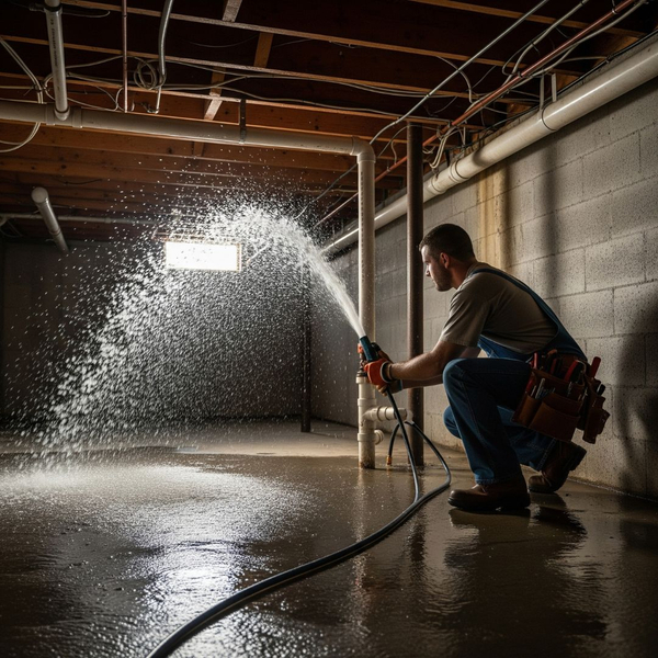 A plumber responds to a burst pipe in a residential basement, with water actively spraying