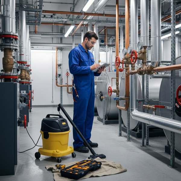 commercial plumber working inside building